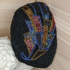 Vintage Black Beaded Coin Purse Peacock Art Deco Style Zip Top